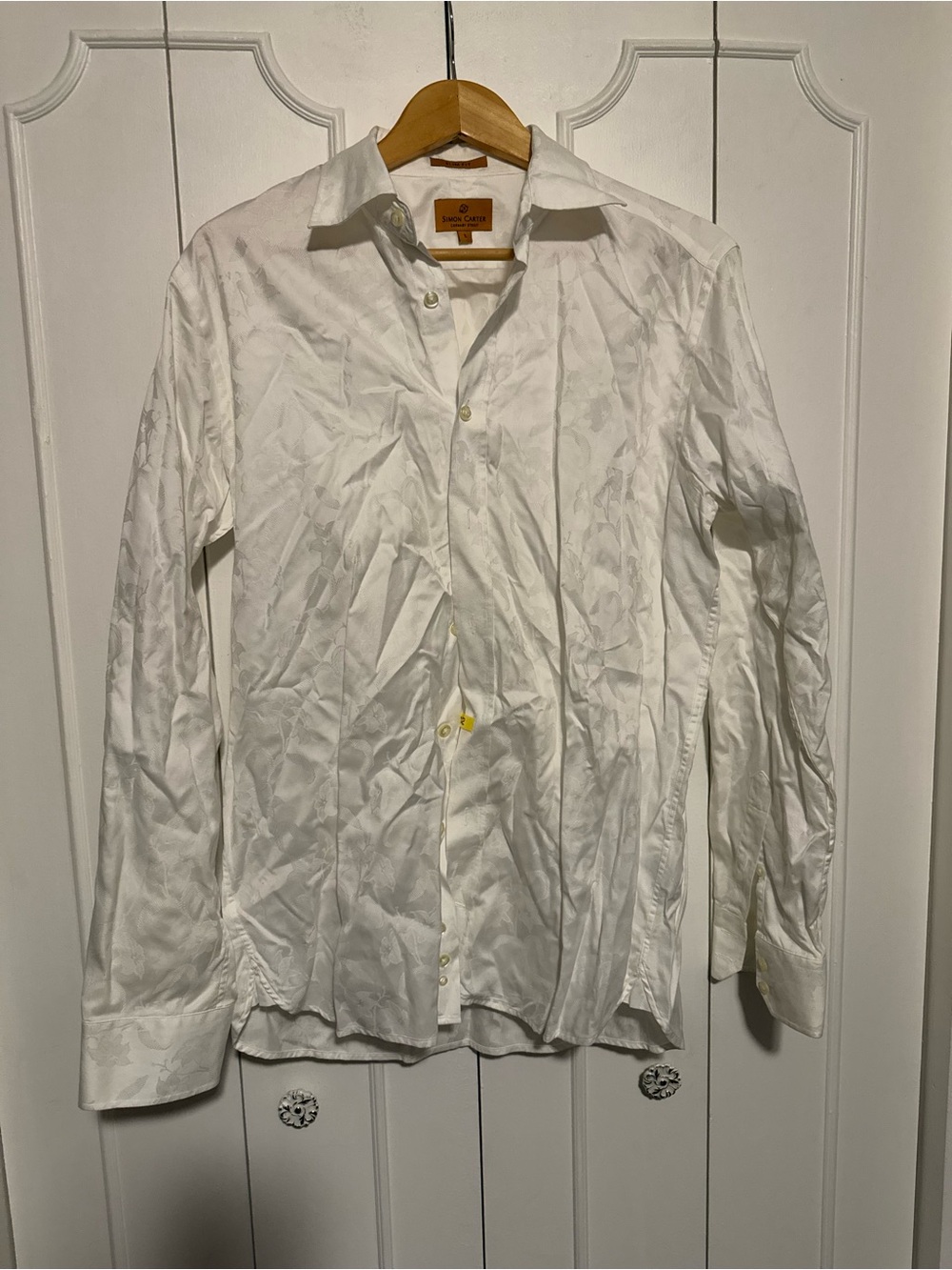 Men's White Floral Jacquard Long-Sleeve Dress Shirt by Simon Carter
